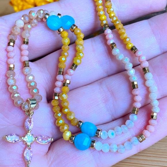 Amazonite with Austrian Crystals Christian Cross Necklace - Picture 10 of 11